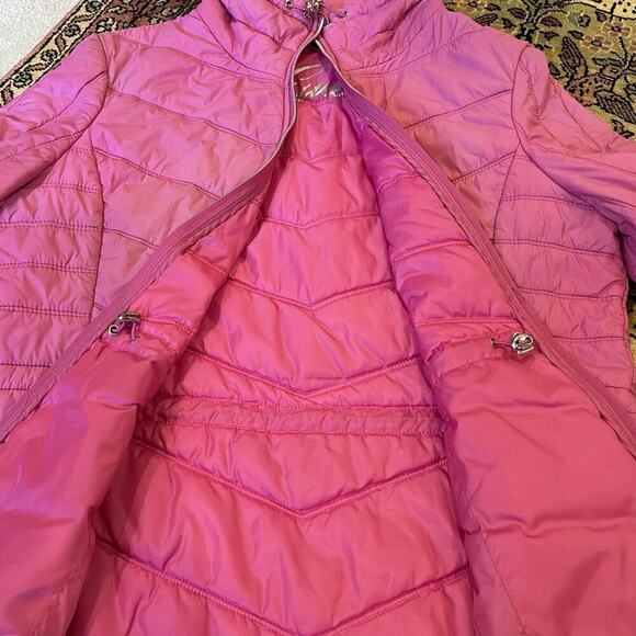 GUESS Pink Quilted Women’s Puffer Zip-Up Jacket Silver Heart Detail Size XL - Picture 7 of 12